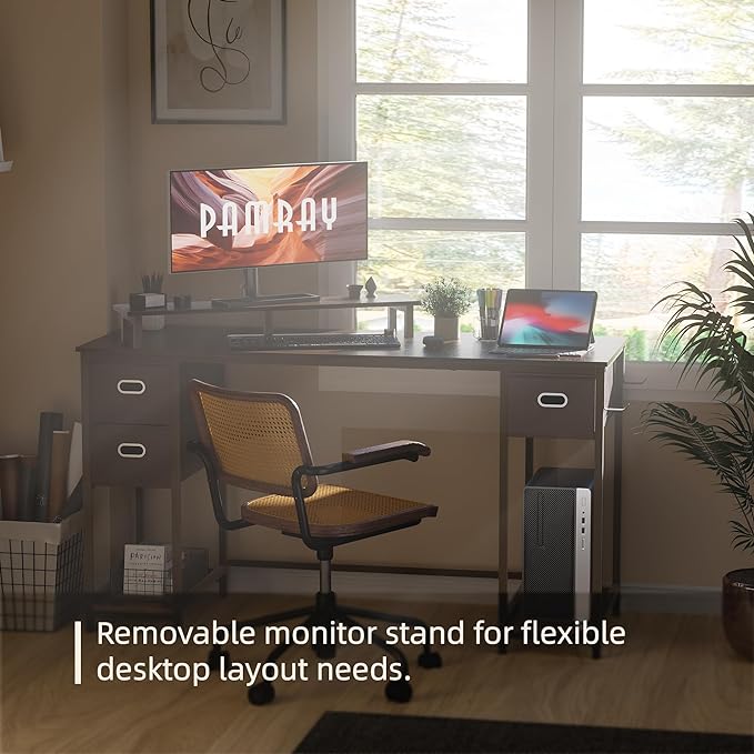 Pamray 55 Inch Computer Desk with Non-Woven Storage Drawers and Monitor Stand Home Office Desk for Bedroom Study Table Writing and Work Desk Deep Brown - LeafyLoom