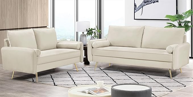 Kent Modern Sofa, European Style Velvet Living Room Furniture with Tapered Legs, Vintage Flair, and Sleek Design, Ivory - LeafyLoom