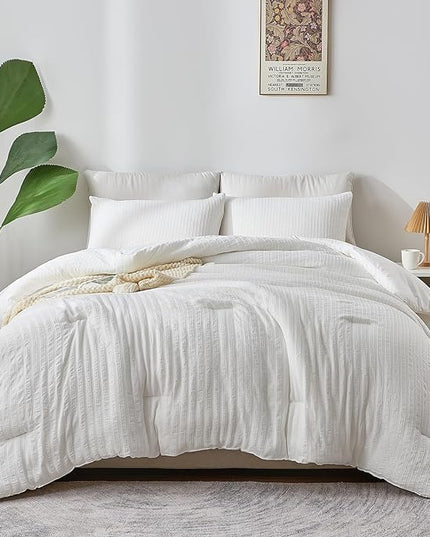 ENCOFT White Comforter Queen, 3 Pieces Boho Queen Comforter Sets, Textured Striped Comforter and 2 Pillowcases, Soft Microfiber Lightweight Farmhouse Queen Bed Comforter 90"x90" - LeafyLoom