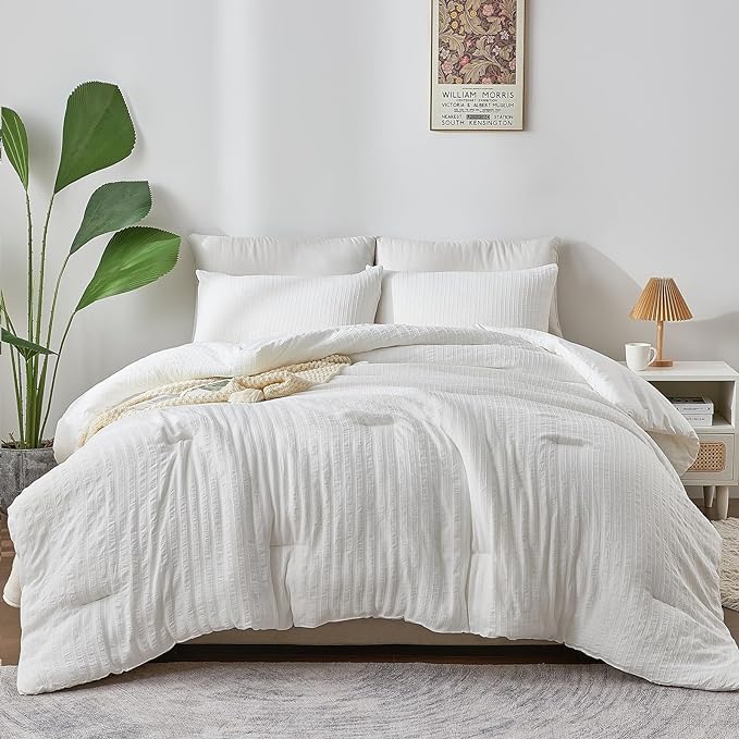 ENCOFT White Comforter Queen, 3 Pieces Boho Queen Comforter Sets, Textured Striped Comforter and 2 Pillowcases, Soft Microfiber Lightweight Farmhouse Queen Bed Comforter 90"x90" - LeafyLoom