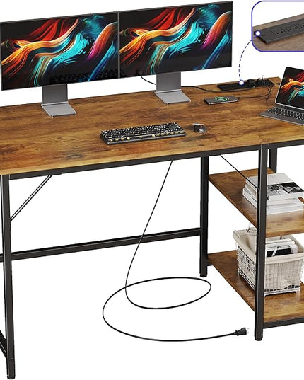 JOISCOPE 48 x 24 Inch Gaming Computer Desk with Table Power Outlets,Home Office Desk with Storage Shelves and USB & Type-C Outlet for Bedroom,Home Office,Morden Simple Writing Table,Vintage Oak Finish - LeafyLoom