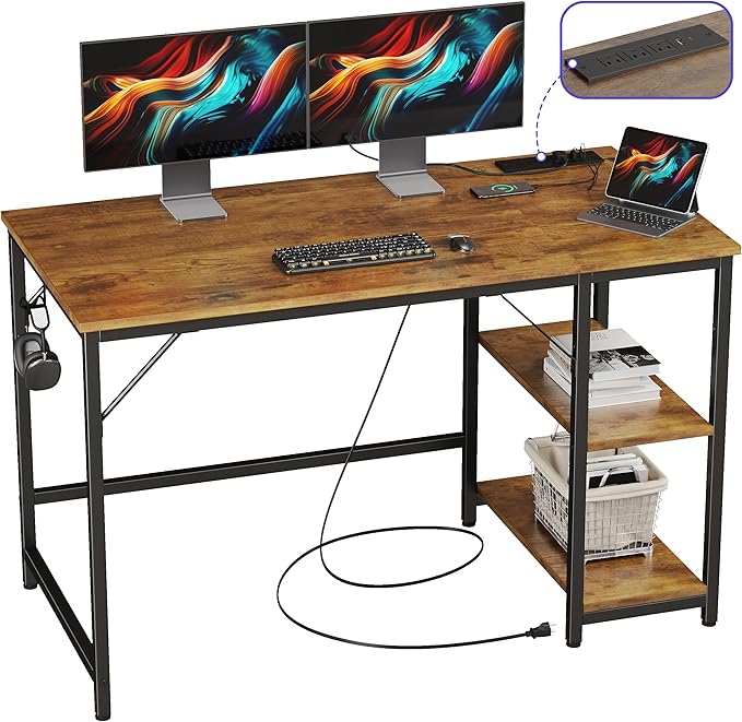JOISCOPE 48 x 24 Inch Gaming Computer Desk with Table Power Outlets,Home Office Desk with Storage Shelves and USB & Type-C Outlet for Bedroom,Home Office,Morden Simple Writing Table,Vintage Oak Finish - LeafyLoom