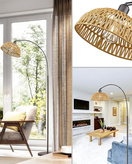 Rattan Floor Lamp, Retro Boho Arc Standing Lamp with Remote Control and LED BuLB Farmhouse Bamboo Lamp Shade Floor Light Industrial Tall Lamp (Oil Rubbed Bronze) - LeafyLoom