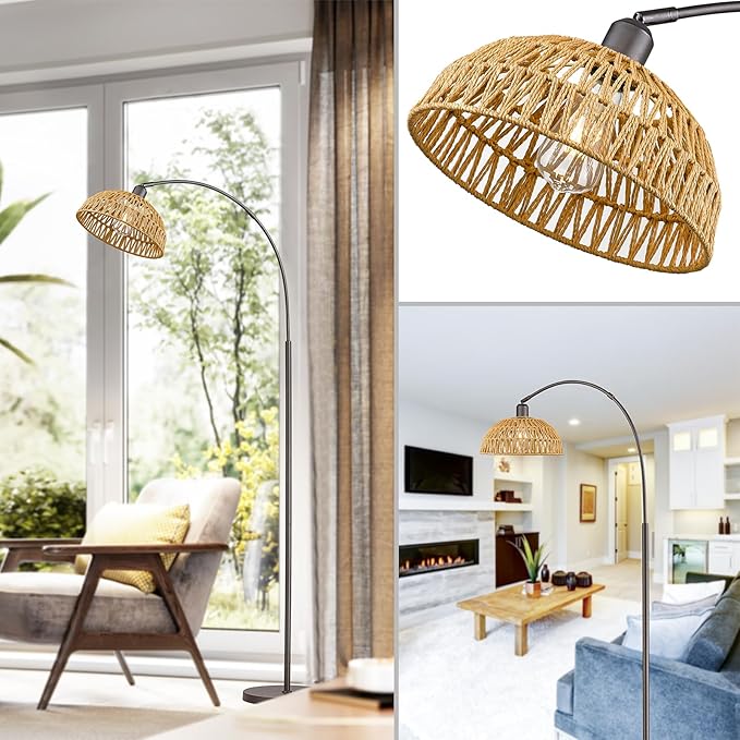 Rattan Floor Lamp, Retro Boho Arc Standing Lamp with Remote Control and LED BuLB Farmhouse Bamboo Lamp Shade Floor Light Industrial Tall Lamp (Oil Rubbed Bronze) - LeafyLoom