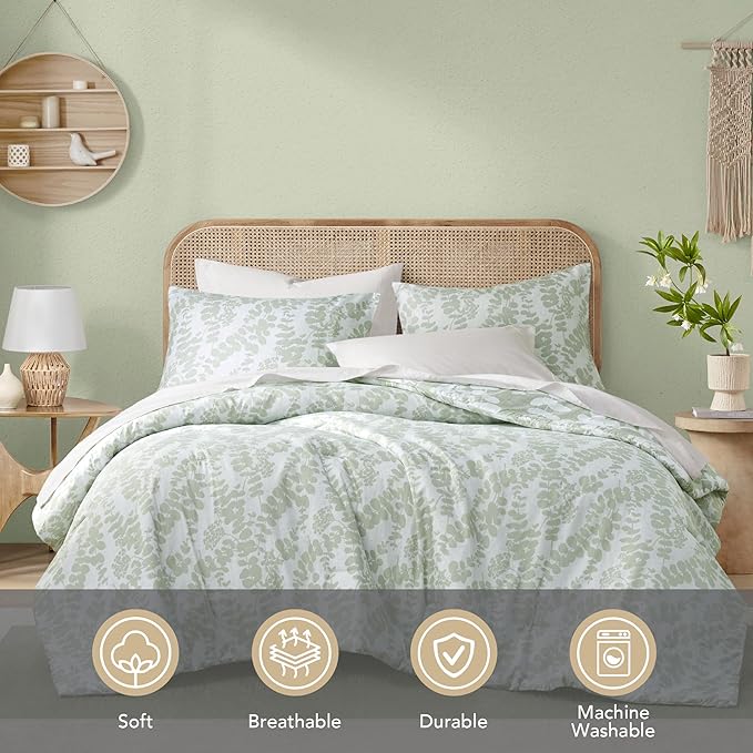 Codi Sage Green Comforter Set King Size, Floral Bedding Sets for Women | Nature Botanical Style, Unique Reversible Design, Better for Spring and Summer | Leaf Print 3 Pieces - LeafyLoom