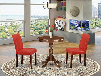 East West Furniture Eden 3 Piece Set Contains a Round Dining Room Table with Pedestal and 2 FireBrick Red Faux Leather Upholstered Parson Chairs, 30x30 Inch, ESAB3-MAH-72 - LeafyLoom