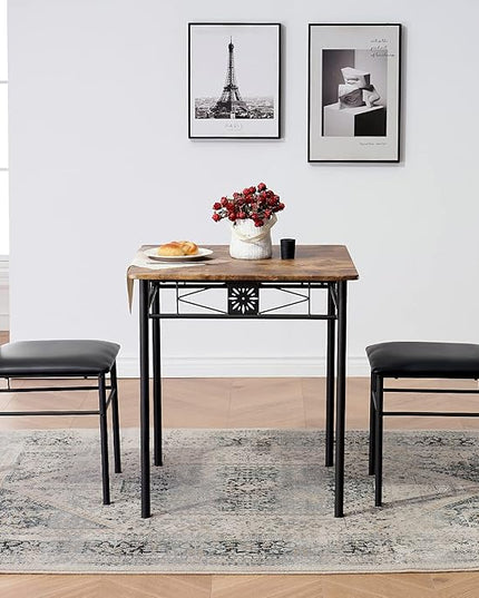 VECELO 3-Piece Dining Room Wooden Kitchen Table and Pu Cushion Chair Sets for Small Space, Retro Brown - LeafyLoom
