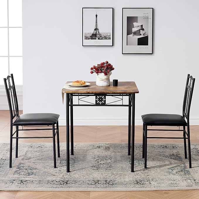 VECELO 3-Piece Dining Room Wooden Kitchen Table and Pu Cushion Chair Sets for Small Space, Retro Brown - LeafyLoom