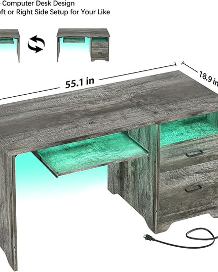 55 Inch Computer Desk with Smart LED Light and Power Outlet, Reversible Office Desk with File Cabinet, Modern Sturdy Writing Table Gaming Desk with Drawers and Keyboard Tray, Black Oak - LeafyLoom