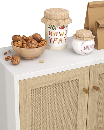 Panana Rattan Decorated 2 Doors Storage Cabinet Accent Cabinet Living Room Cupboard Kitchen Sideboard Buffet Table (White) - LeafyLoom