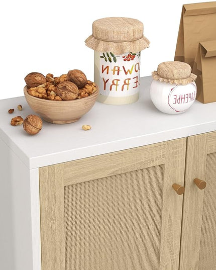 Panana Rattan Decorated 2 Doors Storage Cabinet Accent Cabinet Living Room Cupboard Kitchen Sideboard Buffet Table (White) - LeafyLoom
