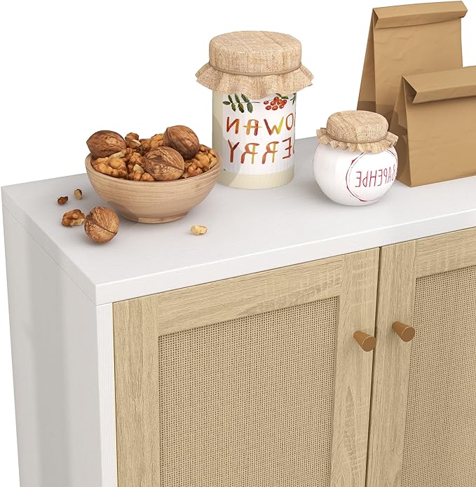 Panana Rattan Decorated 2 Doors Storage Cabinet Accent Cabinet Living Room Cupboard Kitchen Sideboard Buffet Table (White) - LeafyLoom