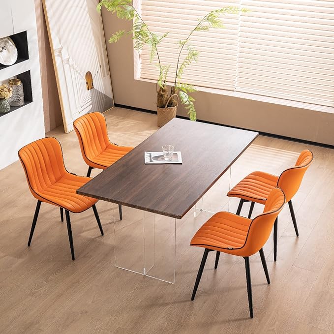YOUNUOKE Orange Dining Chairs Set of 2 Upholstered Mid Century Modern Kitchen Chair Armless Faux Leather Accent Guest Side Chair with Back and Metal Legs for Living Reception Waiting Room Bedroom - LeafyLoom