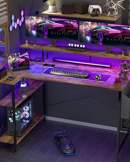 L Shaped Gaming Desk with Power Outlets, 47 Inch Computer Desk with LED Lights and Reversible Shelves, Corner Desk Work Desk for Home Office Bedroom, Rustic Brown - LeafyLoom