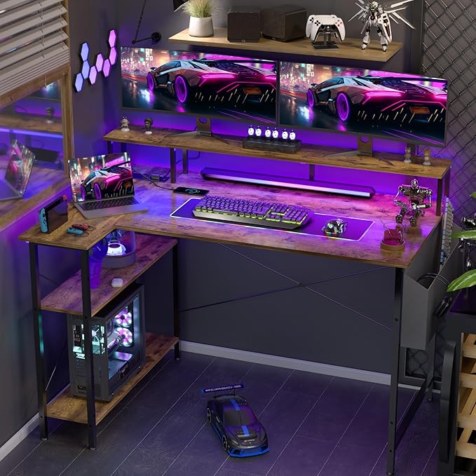 L Shaped Gaming Desk with Power Outlets, 47 Inch Computer Desk with LED Lights and Reversible Shelves, Corner Desk Work Desk for Home Office Bedroom, Rustic Brown - LeafyLoom