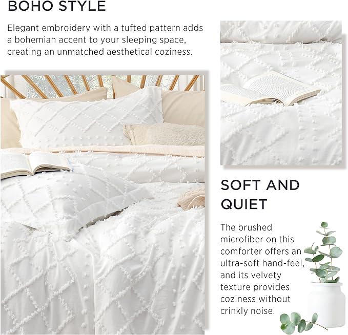 Bedsure Oversized King Comforter - White Comforter Set, Boho Tufted Shabby Chic Bedding Comforter Set, 3 Pieces Farmhouse Bed Set for All Seasons, Fluffy Soft Bedding Set with 2 Pillow Shams - LeafyLoom