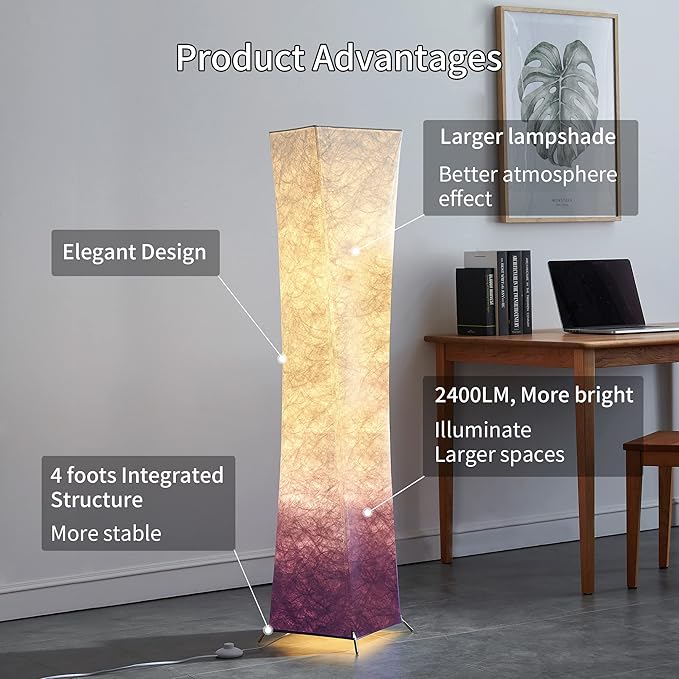 chiphy Floor Lamp, 52" Tall Standing Lamp, 3 Levels Adjustable Brightness LED Bulbs, Column Floor Light, Purple Gradient Fabric Lampshade, Home Decor for Living Room, Bedroom, Kids Room - LeafyLoom