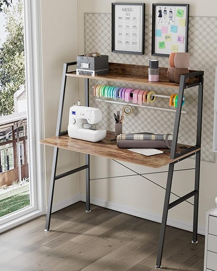 DESIGNA Small Computer Ladder Desk with Storage Shelves, 43 Inch 2-Tier Home Office Students Study Writing PC Gaming Table with Bookshelf Modern Workstation for Space Saving, Metal Frame, Rustic Brown - LeafyLoom