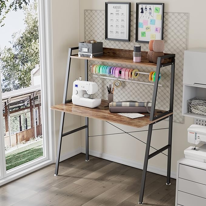 DESIGNA Small Computer Ladder Desk with Storage Shelves, 43 Inch 2-Tier Home Office Students Study Writing PC Gaming Table with Bookshelf Modern Workstation for Space Saving, Metal Frame, Rustic Brown - LeafyLoom