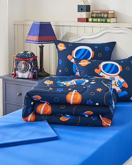 Space Navy Twin XL Comforter Sets for Boys Girls Kids Teen 5 Pieces Bed in a Bag Galaxy Astronaut Comforter with Sheet Sets Dorm Bedding Set - LeafyLoom