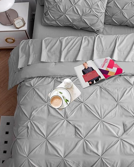 LANE LINEN 7 Piece Queen Comforter Set with Sheets, Pintuck Bedding Queen Size Set, Soft Bed in A Bag Queen, Pinch Pleated Queen Bed Set, Fluffy Queen Bedding Set with Pillowcases & Shams - Silver - LeafyLoom