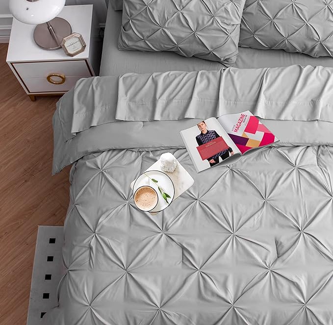 LANE LINEN Twin Comforter Set with Sheets, 5 Piece Twin Bed in a Bag Set, Pintuck Twin Bedding Sets, Ultra Soft Twin Bed Set, Fluffy Comforter, Twin Size Comforter Set with Pillowcases & Shams-Silver - LeafyLoom