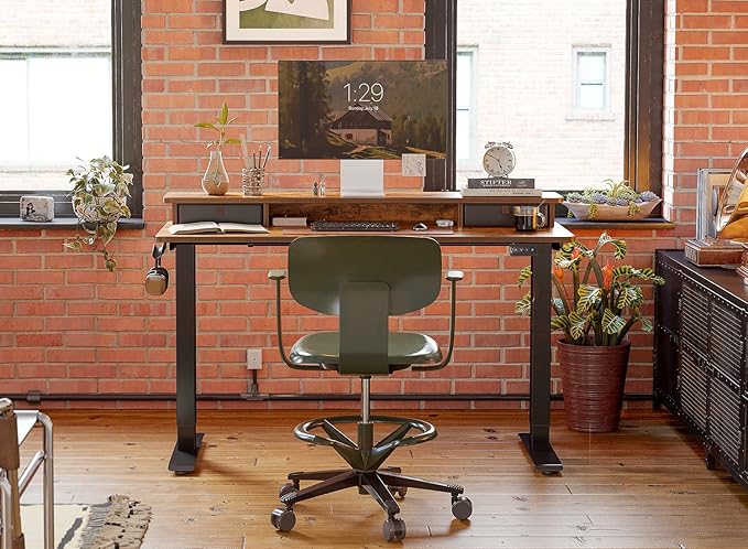 FEZIBO 55 x 24 Inch Height Adjustable Electric Standing Desk with Double Drawer, Stand Up Desk with Storage Shelf, Sit Stand Desk, Rustic Brown - LeafyLoom