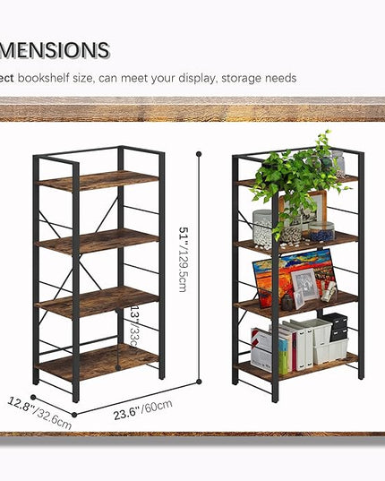 4NM Bookshelf 4 Tier Industrial Bookcase Home Office Adjustable Bookshelves Storage Shelves Organizer Vintage Book Shelf Display Rack for Living Room, Bedroom,Home - Rustic Brown - LeafyLoom