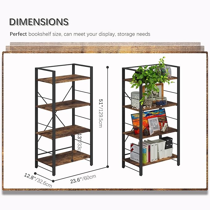 4NM Bookshelf 4 Tier Industrial Bookcase Home Office Adjustable Bookshelves Storage Shelves Organizer Vintage Book Shelf Display Rack for Living Room, Bedroom,Home - Rustic Brown - LeafyLoom