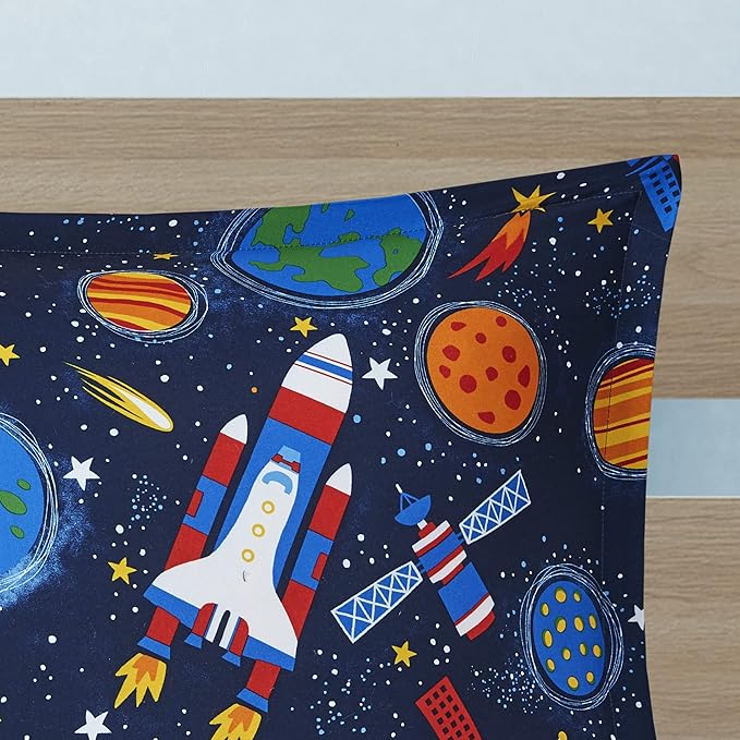 Mi Zone Kids Jason Cozy Comforter Outer Space Rocket Ships, Astronauts Print, All Season Cover, Hypoallergenic Bedding Set, Matching Sham, Decorative Pillow, Twin(66" Wx86 L), Multi 3 Piece - LeafyLoom