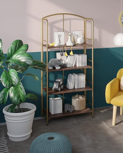 No Assembly Folding Bookshelf, Metal Book Shelf for Storage, Folding Bookcase for Office Organization and Storage (Brown and Gold, 4 Tiers) - LeafyLoom