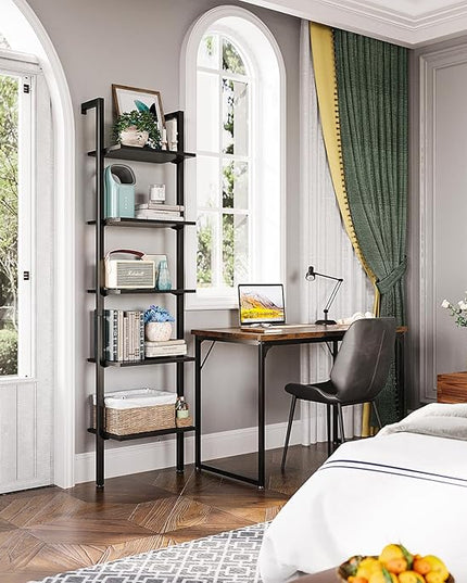 ODK Ladder Shelf, 5 Tier Black Bookshelf, 72 Inch Wall Mounted Book Shelf with Metal Frame, Ladder Bookshelf Bookcase for Bedroom, Home Office and Living Room - LeafyLoom