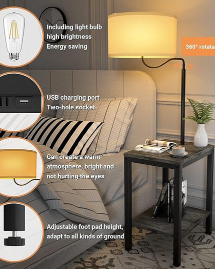LED Floor Lamp with Table - End Table with USB Charging Port, Power Outlet, Bedside Nightstand Shelves, Side Table with Reading Standing Light for Living Room, Black Oak, Bulb Included, 2 Pack - LeafyLoom