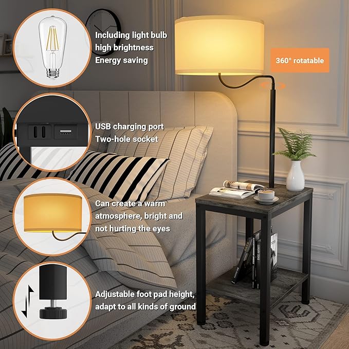 LED Floor Lamp with Table - End Table with USB Charging Port, Power Outlet, Bedside Nightstand Shelves, Side Table with Reading Standing Light for Living Room, Black Oak, Bulb Included, 2 Pack - LeafyLoom