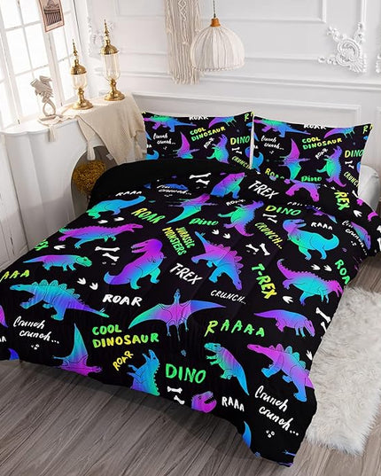 Axolotl Cartoon Dinosaur Bedding Set,Twin Size Kids Bed Set,Gradient Dinosaur Comforter Set,1 Quilt with 2 Pillowcases for Boys Girls Kids Teens Children Adults Room Decor All Season,Black - LeafyLoom