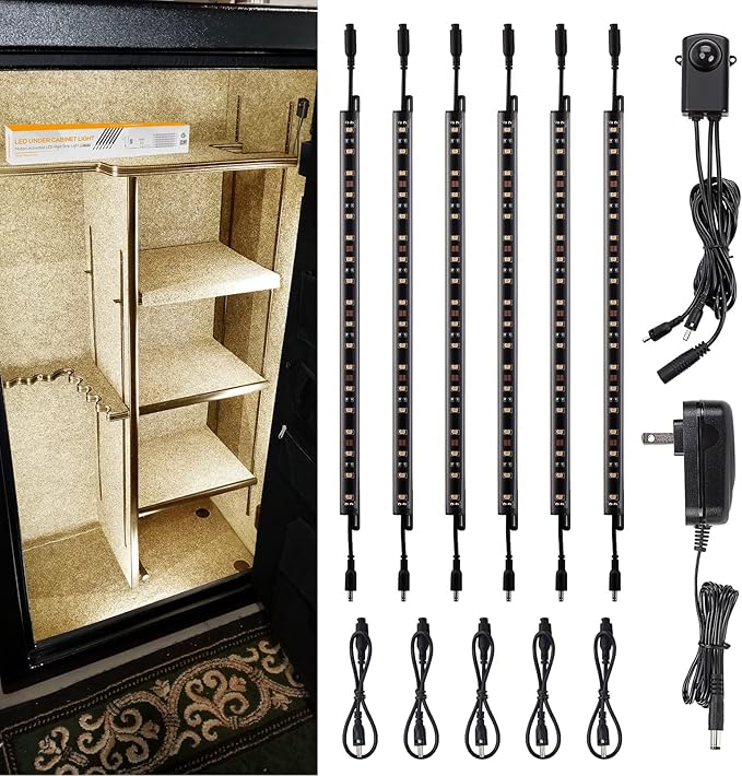 TORCHSTAR LED Safe Lighting Kit, (6) 12 Inch Linkable Light Bars + Motion Sensor + UL Power Adapter, 900LM, Input 100-240V, for Under Cabinet Gun Safe Locker Closet Showcase, 3000K Warm White TORCHSTAR