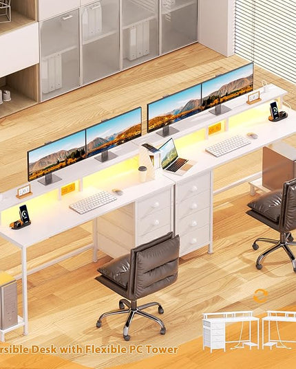 Furologee 55in Computer Desk with 4 Drawers, LED Gaming Desk with Power Outlets, Office Desk with Full Monitor Stand and Storage Shelf, Study Work Desk for Home Office Bedroom, White - LeafyLoom