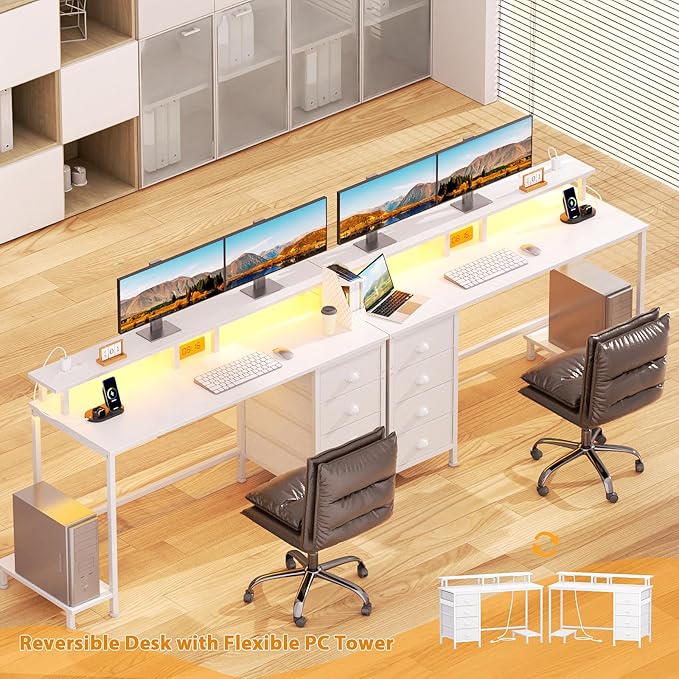 Furologee 55in Computer Desk with 4 Drawers, LED Gaming Desk with Power Outlets, Office Desk with Full Monitor Stand and Storage Shelf, Study Work Desk for Home Office Bedroom, White - LeafyLoom