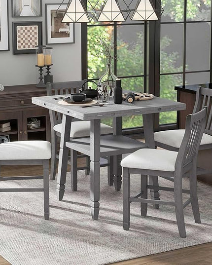 NicBex Dining Room Table Set for 4 Breakfast Nook Table Set 5-Piece Counter Height Dining Table Set in 2 Table Sizes with 4 Folding Leaves and 4 Upholstered Chairs for Dining Room, Gray+Beige - LeafyLoom