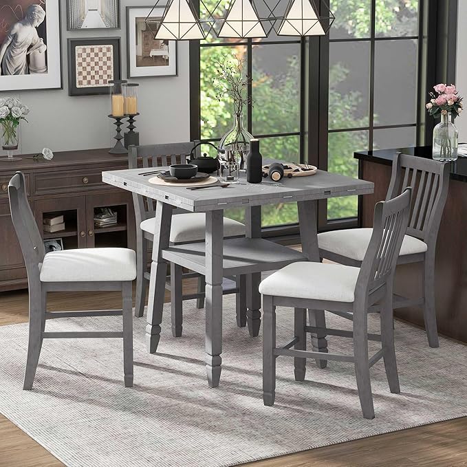 NicBex Dining Room Table Set for 4 Breakfast Nook Table Set 5-Piece Counter Height Dining Table Set in 2 Table Sizes with 4 Folding Leaves and 4 Upholstered Chairs for Dining Room, Gray+Beige - LeafyLoom