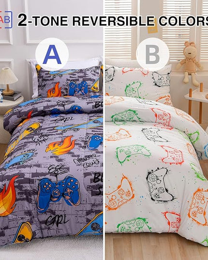 Btargot Gaming Stone Pattern Comforter Set for Boys Girls Kids, 3 Pieces Reversible Skateboard Game Console Flame Painting Bedding Set, Grey Twin - LeafyLoom