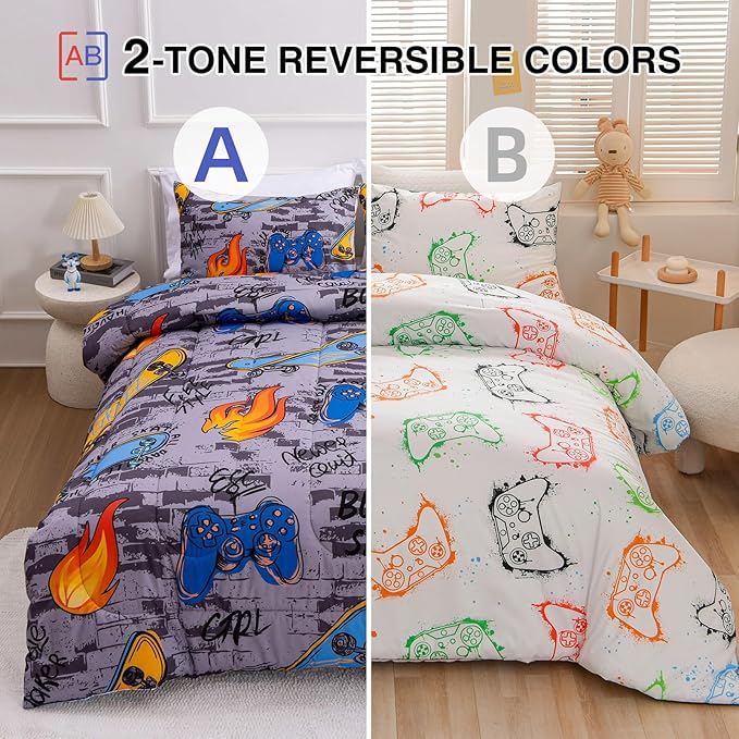 Btargot Gaming Stone Pattern Comforter Set for Boys Girls Kids, 3 Pieces Reversible Skateboard Game Console Flame Painting Bedding Set, Grey Twin - LeafyLoom