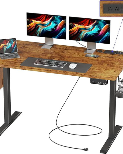 JOISCOPE Height Adjustable Electric Standing Desk with Power Outlets, 48 x 24 Inch Sit Stand Desk for Small Space Home Office, Vintage Oak - LeafyLoom
