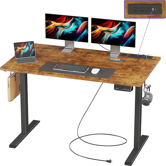 JOISCOPE Height Adjustable Electric Standing Desk with Power Outlets, 48 x 24 Inch Sit Stand Desk for Small Space Home Office, Vintage Oak - LeafyLoom