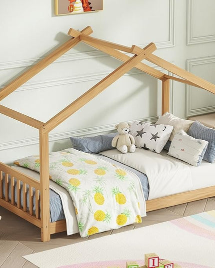 Montessori Floor Bed Frame Twin Size, Twin Floor Bed with Headboard and Footboard, Low House Bed for Girls, Kids, Boys, No Box Spring Needed, Natural Montessori Bed Twin Size - LeafyLoom