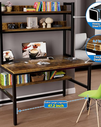 Aquzee Computer Desk with Hutch & Shelves, 47in Wide Desk with Bookshelf, 47“W x 23.6“D x 65“H Tall Home Office Desk, Metal Legs Study Table with Upper Storage Shelf for Study Writing/Workstation - LeafyLoom