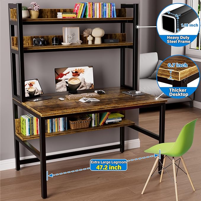Aquzee Computer Desk with Hutch & Shelves, 47in Wide Desk with Bookshelf, 47“W x 23.6“D x 65“H Tall Home Office Desk, Metal Legs Study Table with Upper Storage Shelf for Study Writing/Workstation - LeafyLoom
