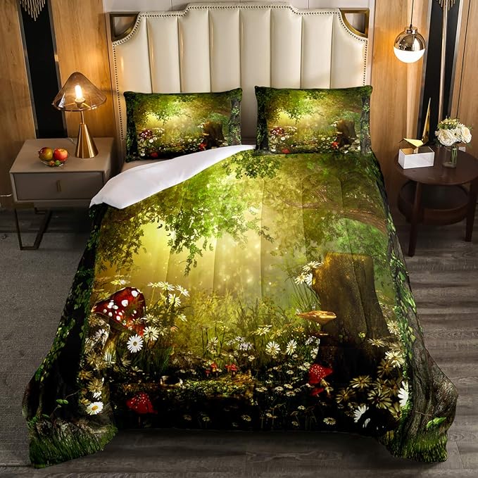 Erosebridal Magical Comforter Set Queen Size Mushroom Bedding Set Daisy Leaves Branches Sunset Nature Duvet Set Cute Style Quilted Duvet Home Room Decorative - LeafyLoom