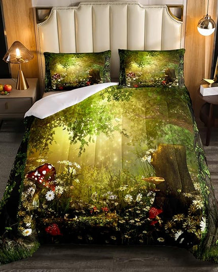 Erosebridal Magical Comforter Set Twin Size Mushroom Bedding Set Daisy Leaves Branches Sunset Nature Duvet Set Cute Style Quilted Duvet Home Room Decorative - LeafyLoom