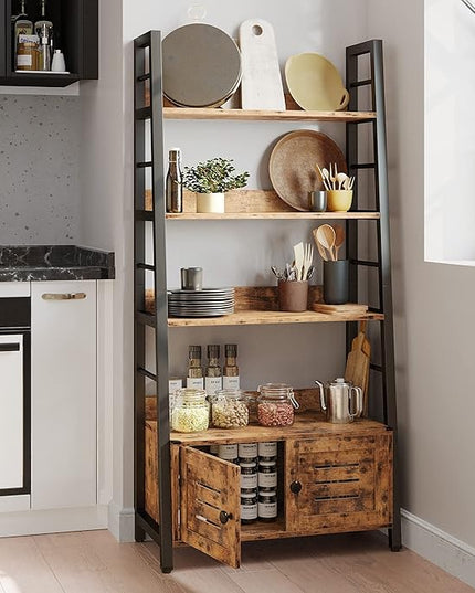 IRONCK Bookshelf with Louvered Doors, 3-Tier Ladder Shelf with Cabinet Industrial Accent Furniture for Bedroom Living Room Home Office, Rustic Brown - LeafyLoom